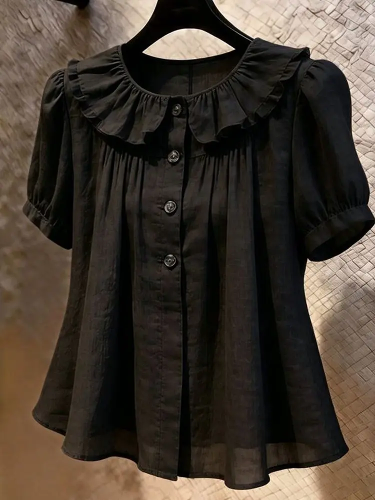 

Black Commuter Style Short Sleeve Pleated Collar Shirt Women Slimming Versatile Top Super Beautiful 2026 New Arrival