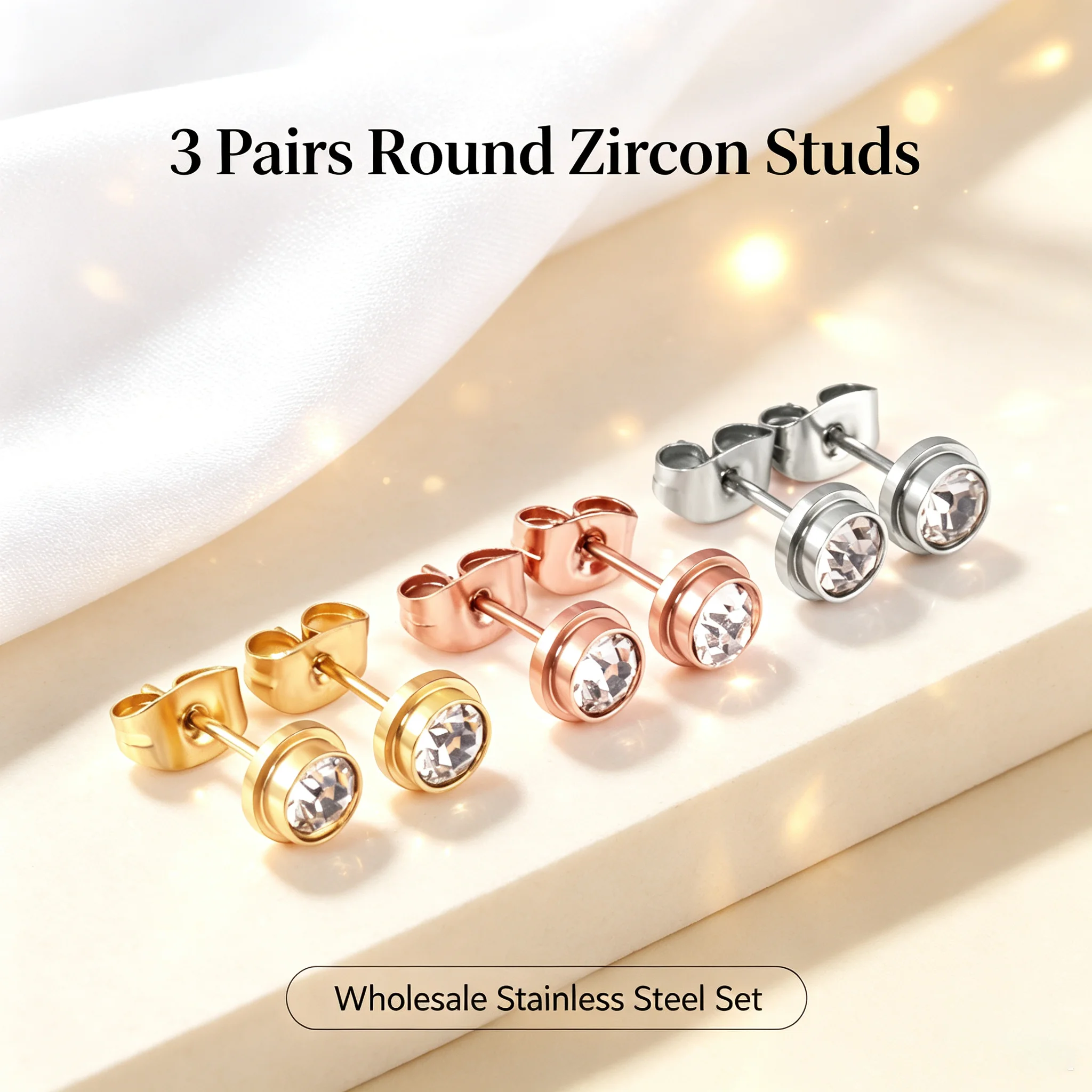 3Pairs 6mm Zircon Stainless Steel Stud Earrings Gold Rose Gold Silver Crystal Tiny Piercing Jewelry Bulk Wholesale For Resale