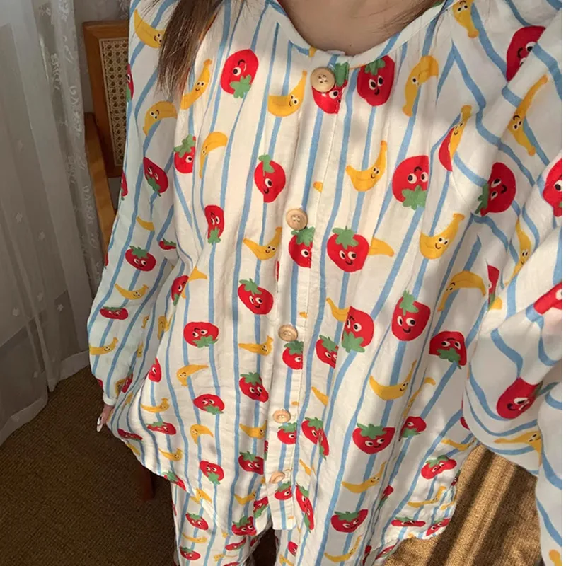 Cartoon Cute Print 100% Cotton Lovely Pajamas Women 2024 Spring Autumn New Stripe Long Sleeve Trousers Casual Pants Home Wear