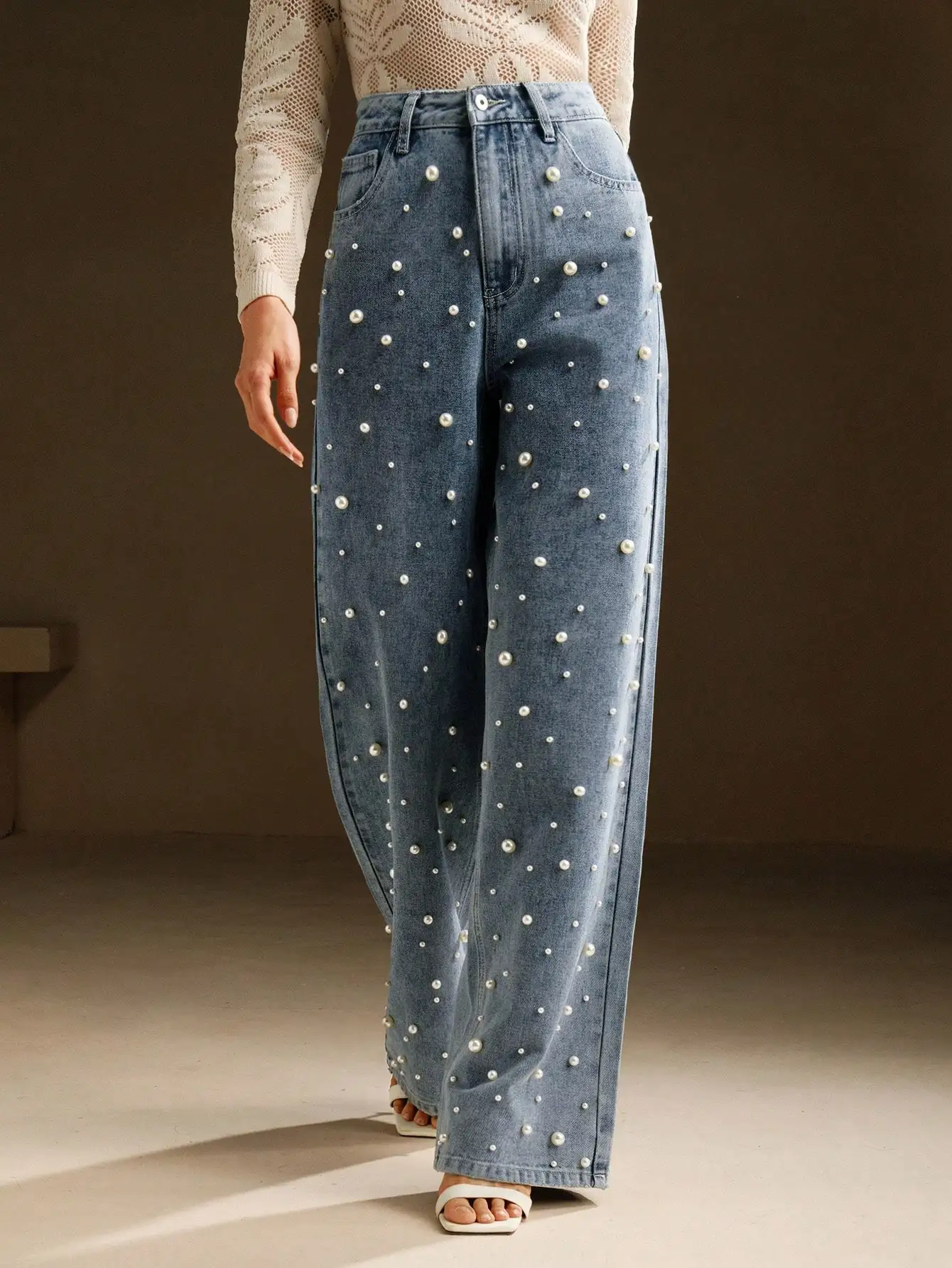 

Женские джинсы с высокой талией, украшенные жемчугом, с широкими штанинами, для весенне-летнего повседневного и праздничного образа