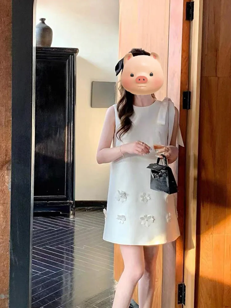 فستان صغير أنيق ثلاثي الأبعاد برقبة دائرية ، بدون أكمام ، خزان قصير ، فستان حفلات ، موضة صيفية ، بيج ، أرجواني ، عطلة