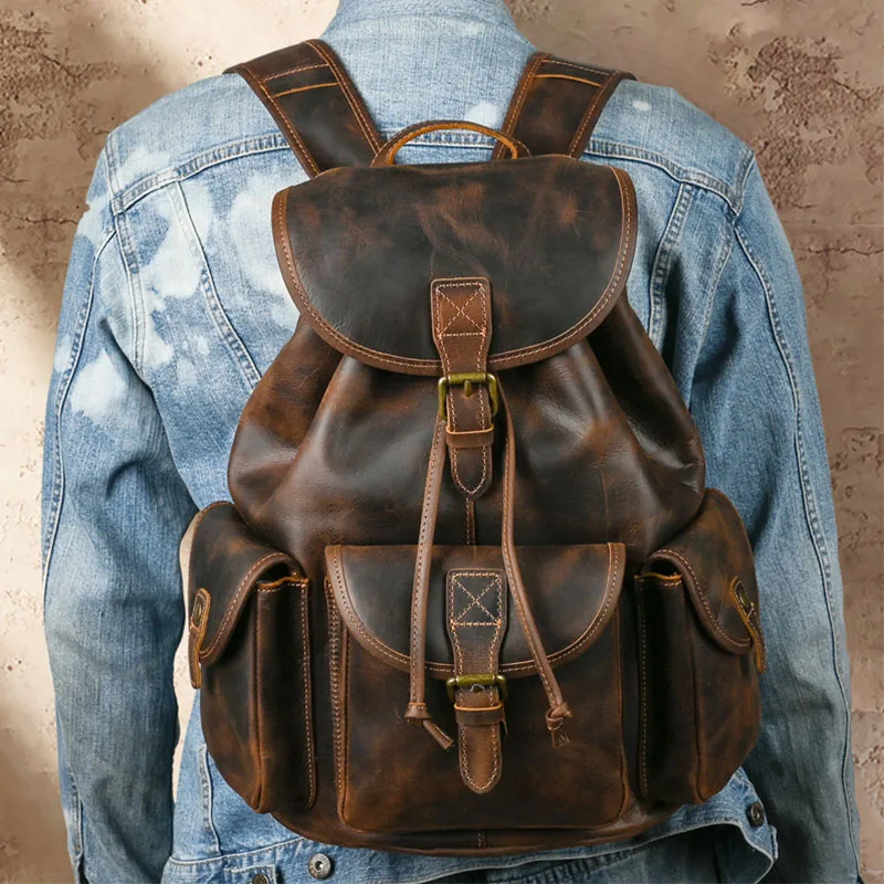 Men's Retro Crazy Horse Leather Daypack Multi Pockets Large Capacity Genuine Cowhide Rucksack Drawstring Flap Travel Backpack