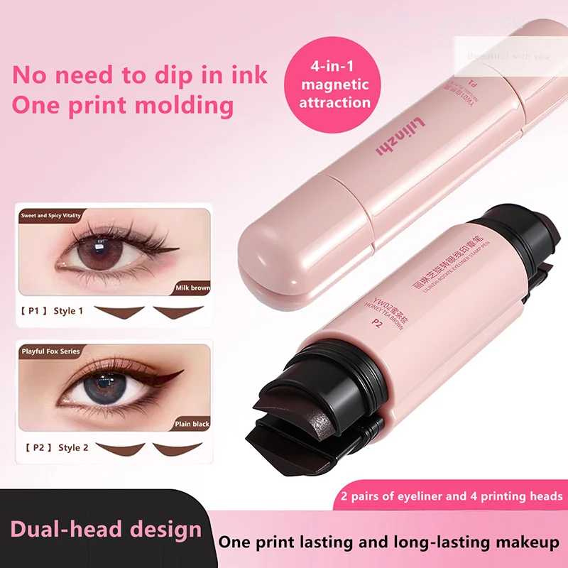 NewMagnetic Dubbele Hoofd Stempel Eyeliner Pen Waterdichte Vloeistof Zwart Bruin Eyeliner Verlenging Stempel Sneldrogende Make-up Cosmetica