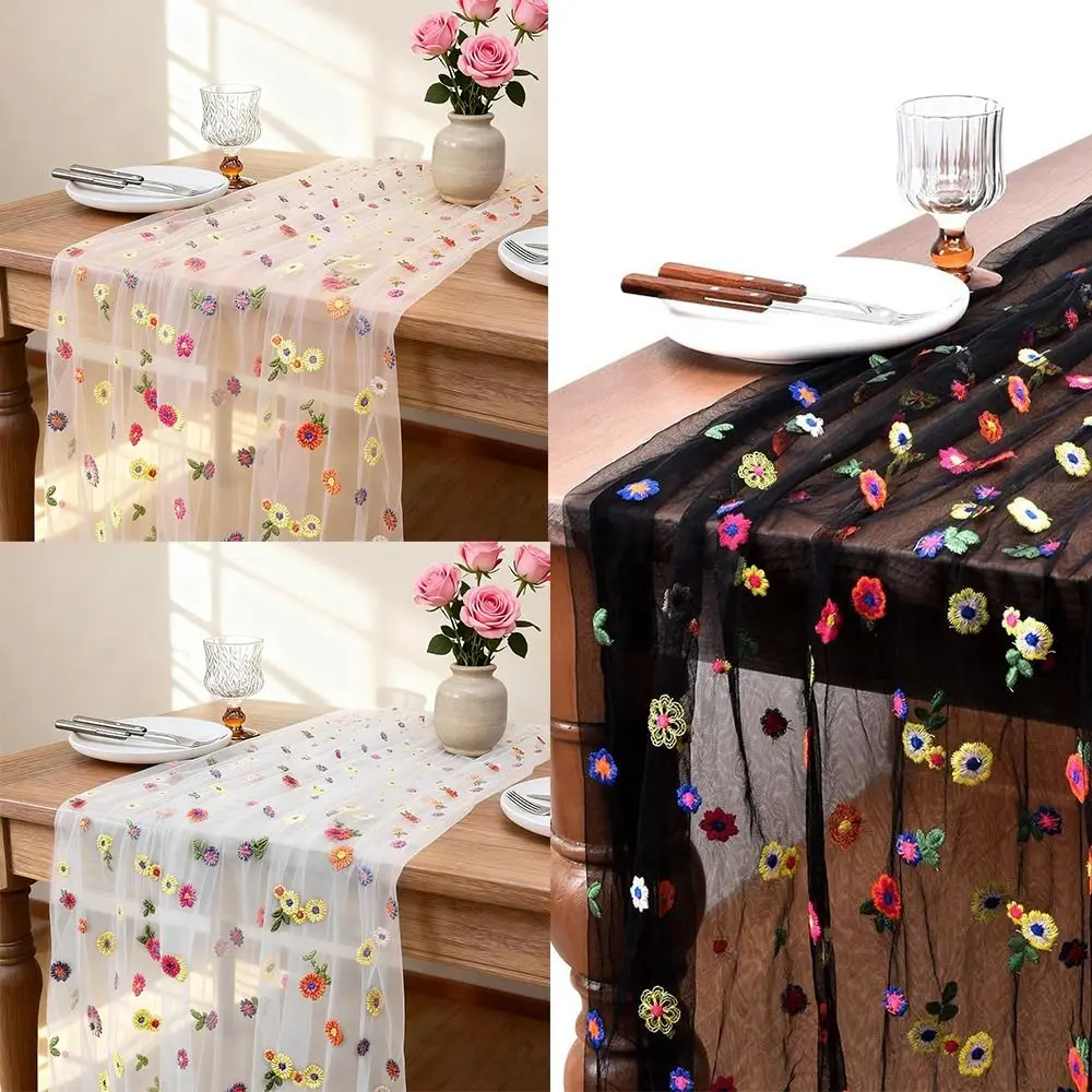 Hot Embroidery Daisy Table Runner Breathable Soft Tulle Table Runner Durable Kitchen Dining Table Decoration Holiday