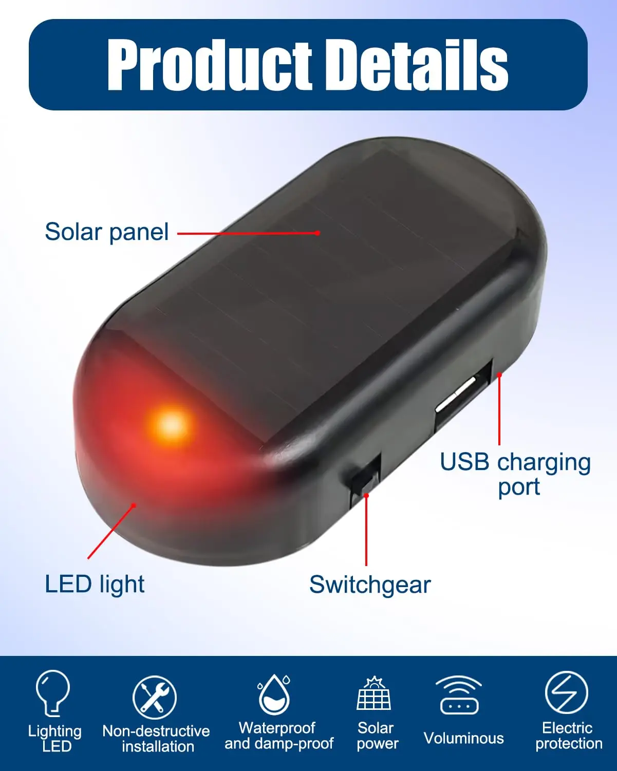 Car Fake Security Light Solar Powered Simulated Dummy Car Alarm Wireless Warning Anti-Theft Caution Lamp LED Flash Imitation