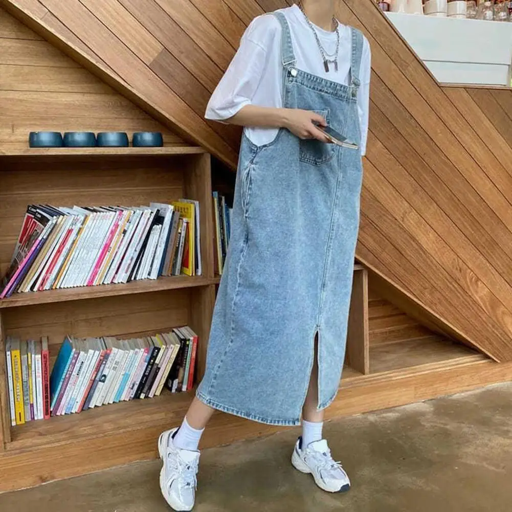 

Overall Dress Square Collar Sleeveless Front Pocket Dress Denim Split Overall Dresses Long Dress Women Denim Dresses Streetwear