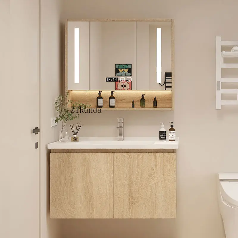 Conjunto de combinação de armário de banheiro estilo log de luxo simples e leve, pia de banheiro integrada de cerâmica