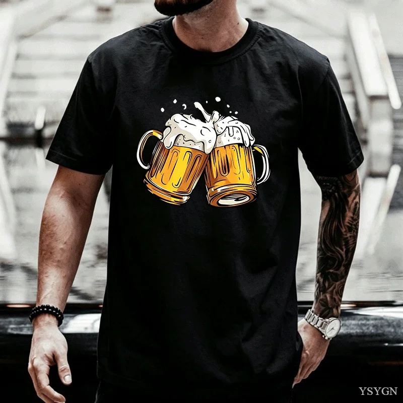 Beer Mugs Cheers Clink Toast Mens Front Print T Shirt Foamy Beer Cartoon Graphic Tee Casual Short Sleeve Top Beer Lover Gift