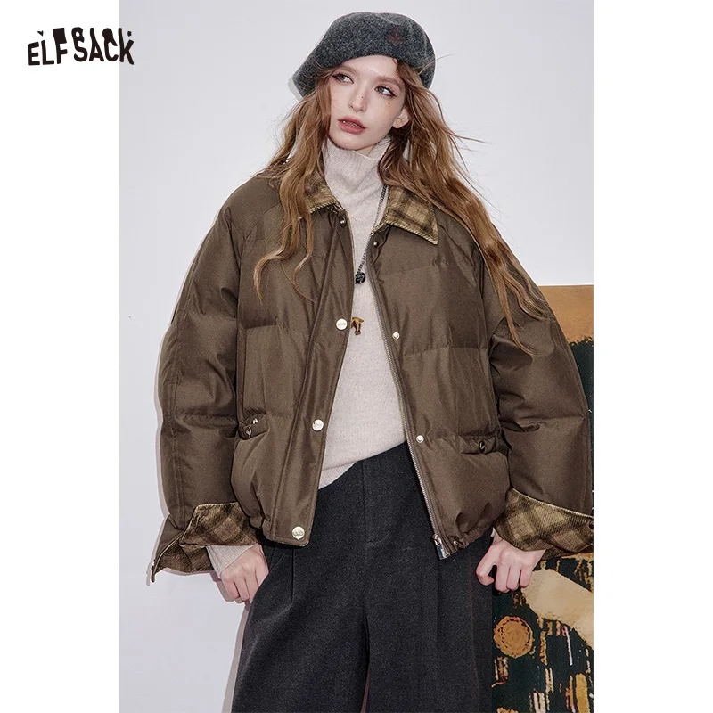 

ELFSACK 2025, осенние новые поступления, повседневный клетчатый лоскутный зимний свободный пуховик для женщин