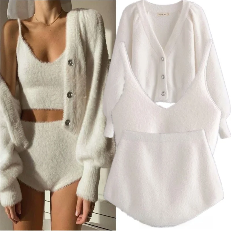 

Street Sle Loose Knitted Cardigan V-Ne Plu Cape ort Pants Tee Piece Set Pure ColorWarm Early Autumn hair Jaet