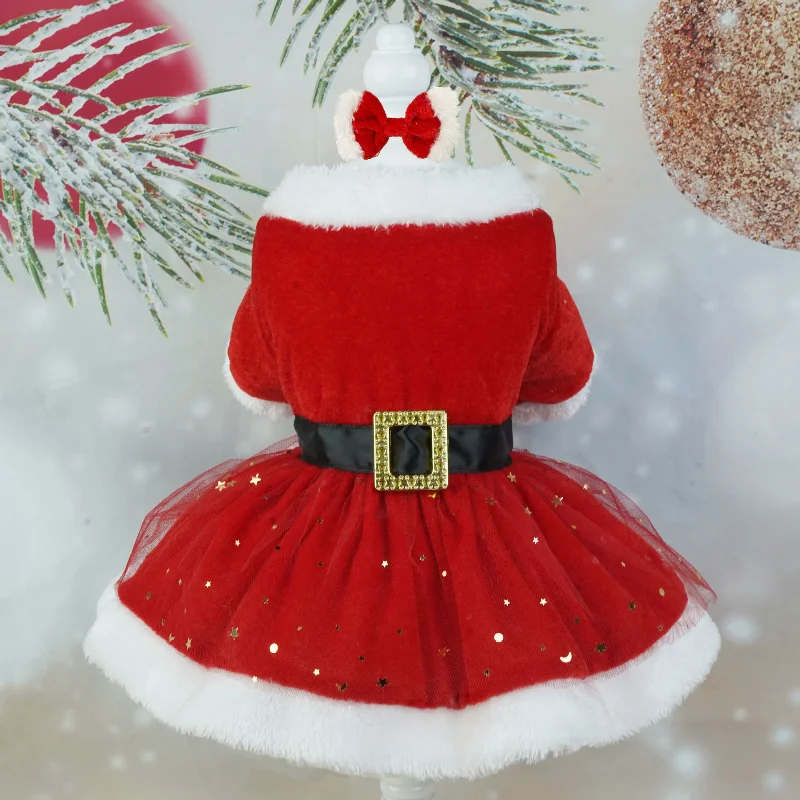 Samt-Weihnachtsmannkleid für Hunde mit Pailletten-Netzrock Flauschiger Weißer Besatz Elegantes Weihnachtsoutfit für Kleine Hunde Perfekt für Fotos – Detail 9
