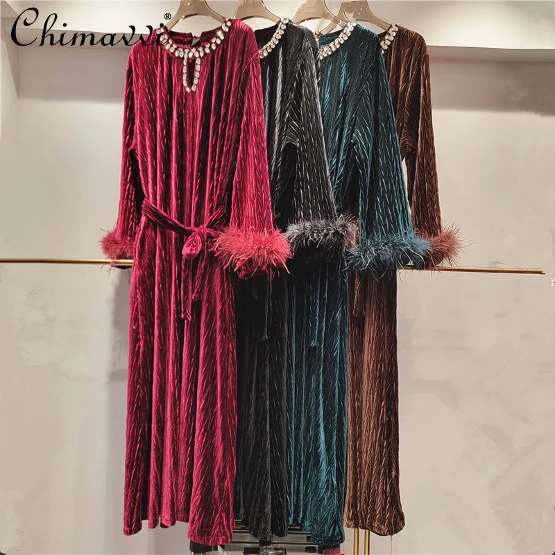 

Heavy Diamond Splicing Feather Velvet Waist Dress Women's 2024 Autumn New Fashion Loose Long Sleeve Elegant Strap Long Dresses