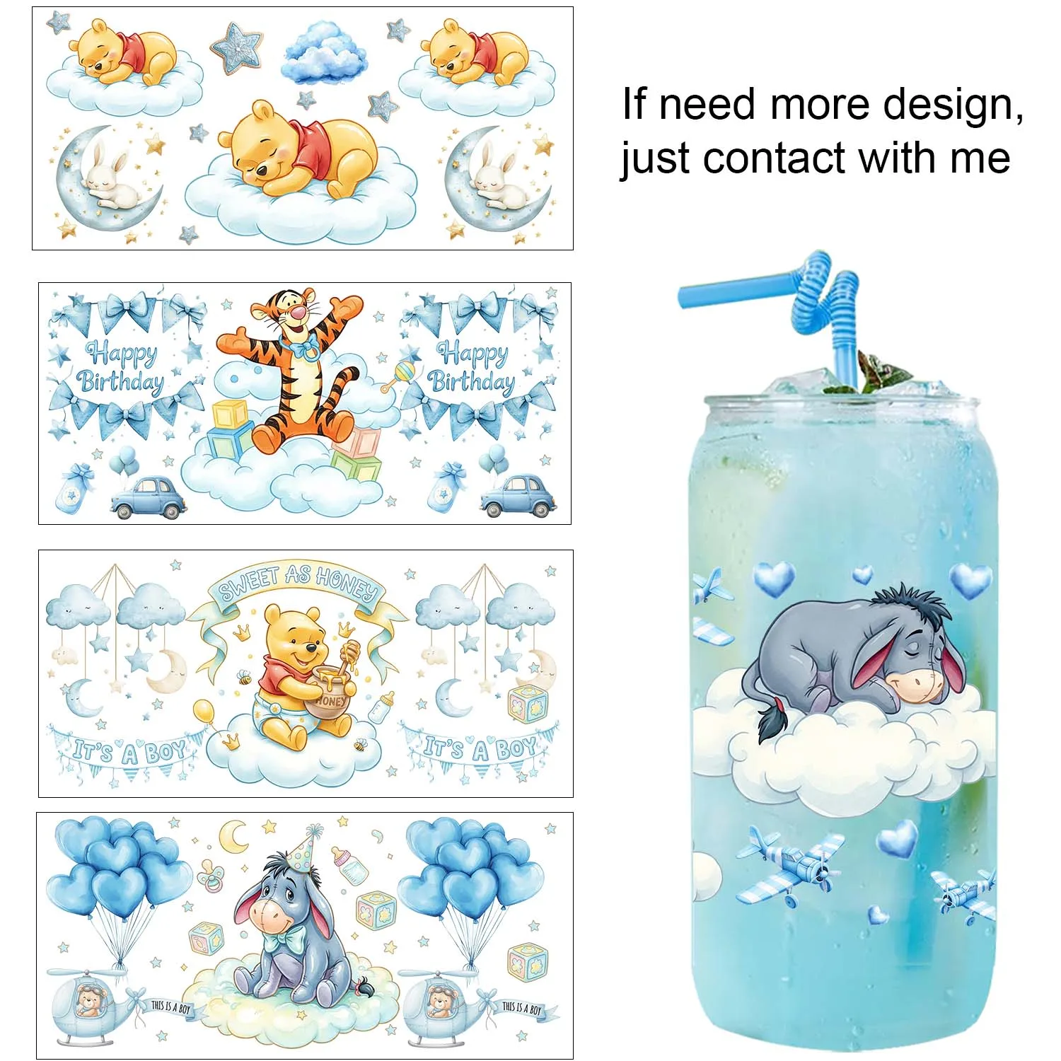 Cute Anime Cartoon Winnie Theme UV Sticker DIY Decals 3D transfers uvdtf tumbler seal stickers 16oz uv dtf cup wraps