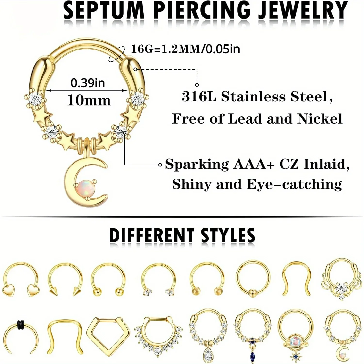 FASACCO Surgical Steel Septum Rings 16G Hypoallergenic Horseshoe  Hinged Septum Nose Lip Cartilage Piercing Jewelry