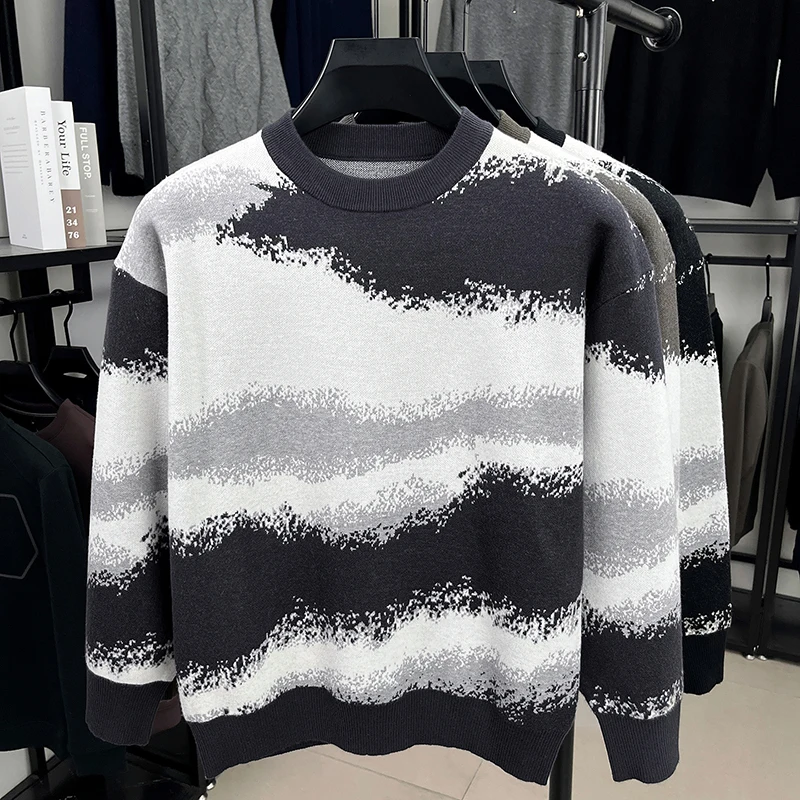 

Мужской свитер с круглым вырезом, осень 2024, новый повседневный свитер контрастного цвета, тренд одежды с шерстяным вязаным свитром для мужчин