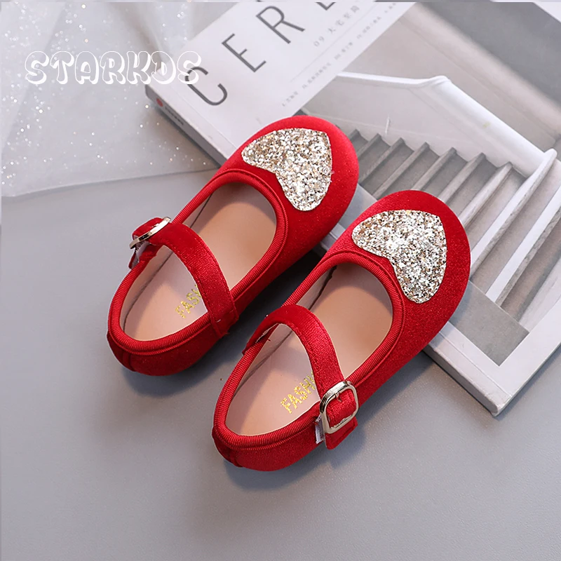 Kids Glitter Heart Patch Velvet Shoes Girl 2024 Spring New Ballet Flats Vintage Baby Child Soft Sole Velour Mary Janes In Red