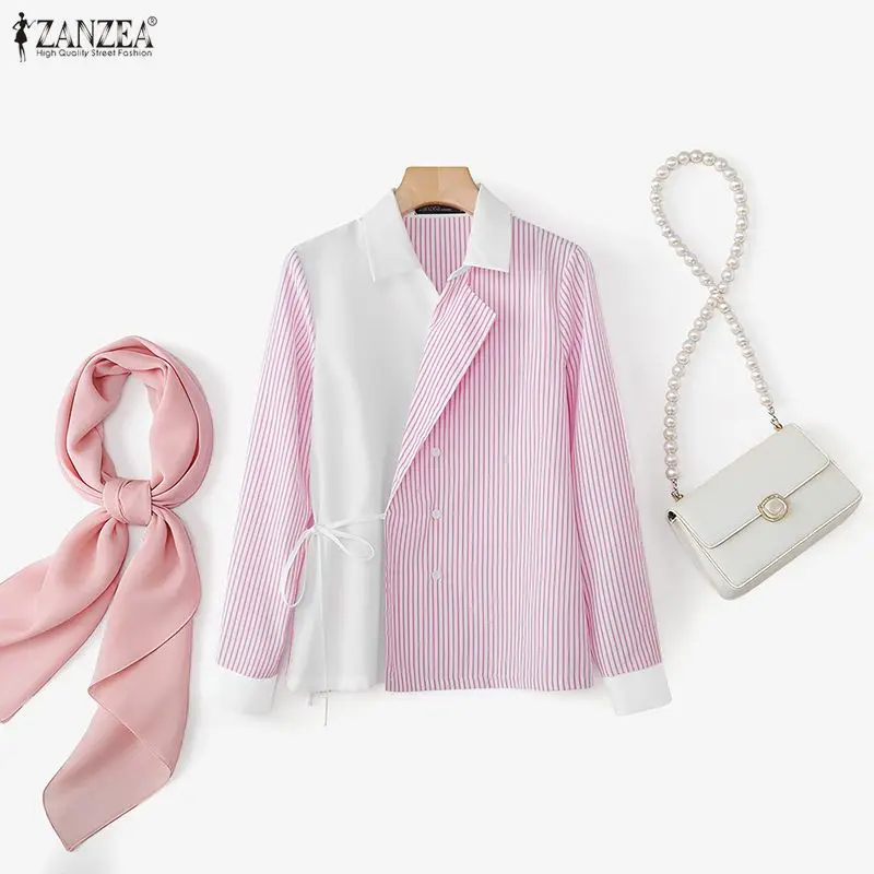 

Женские модные рубашки ZANZEA 2026: Свободные блузки с длинным рукавом в полоску, лоскутные топы, весенне-осенние повседневные элегантные блузы с завязками