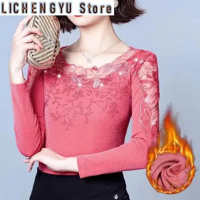 Women's Autumn Winter Long Sleeve Pullover Embroidery Round Neck Flocking Solid Color Lace Patchwork T-shirt Aesthetic Tops
