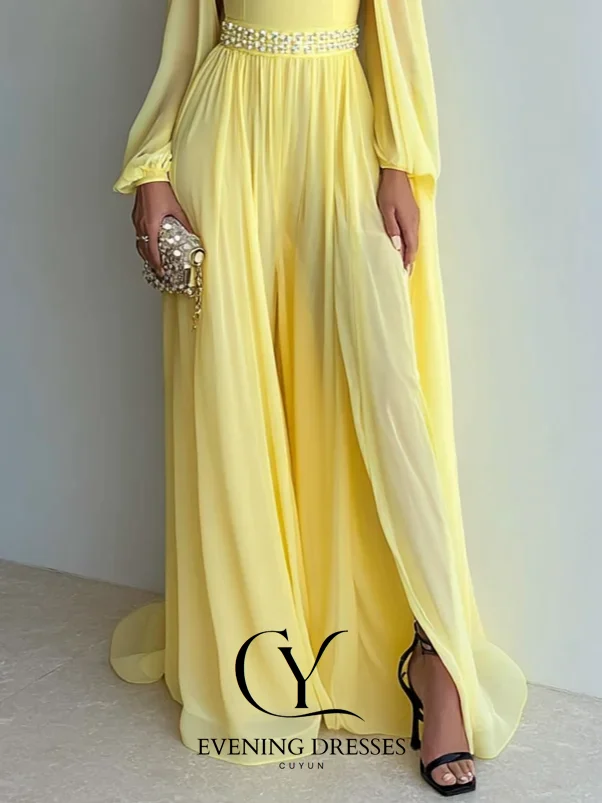 CUYUN High Collar Long Sleeves Women Evening Dresses Summer Chiffon Party Gown Customized Prom Dress for Formal Occasion