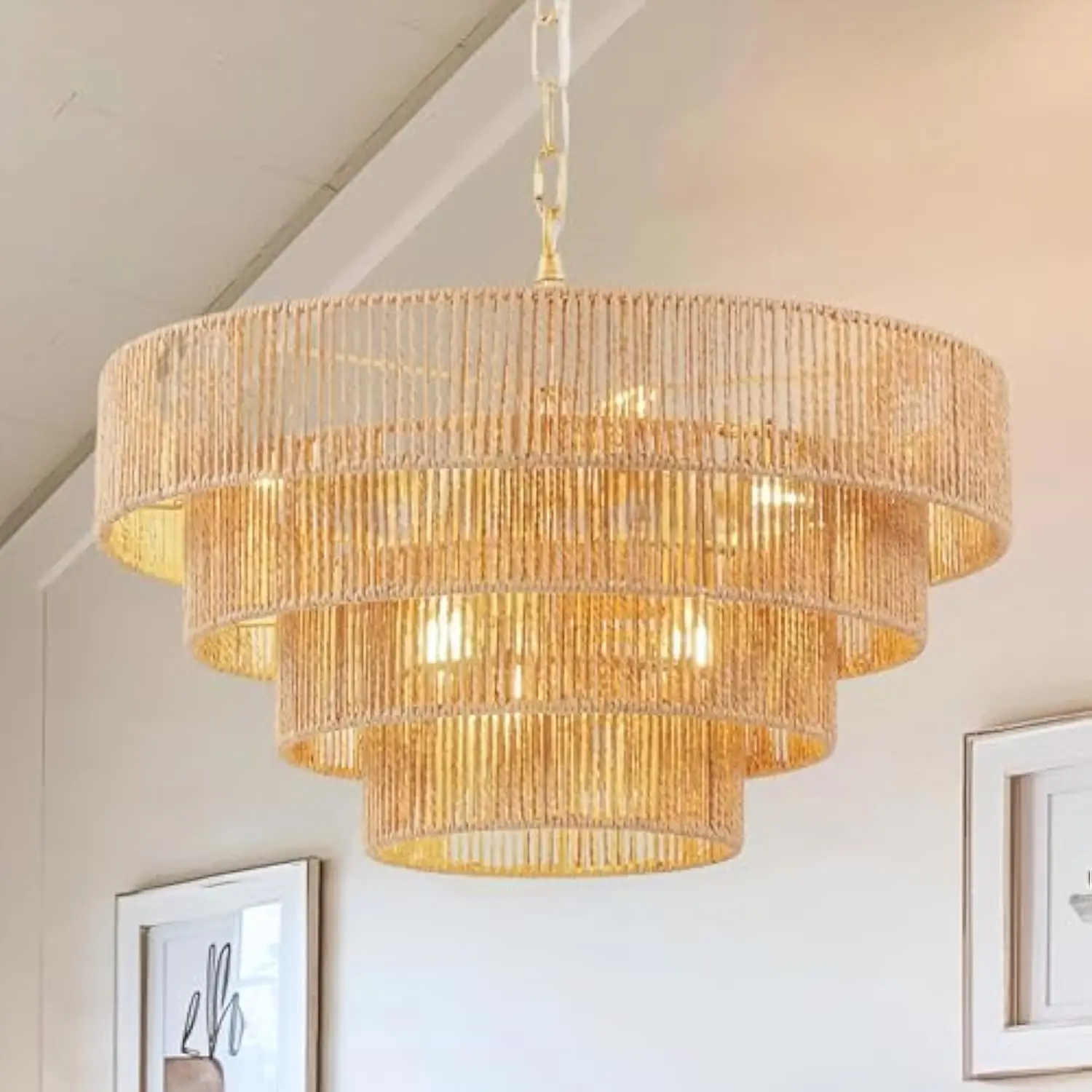 

6-Light Boho Rattan Chandelier for Dining Room, 4-Tier Hand-Woven Farmhouse Chandelier, Adjustable Height, Drum Wicker Rattan