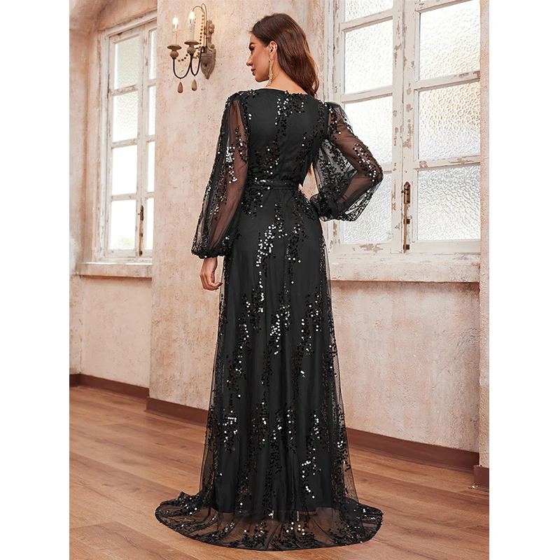 Black dress 2024 New Women Long sleeve V Neck High Waist Elegant Sequined Cocktail Prom Wedding Evening Party Long Maxi dresses