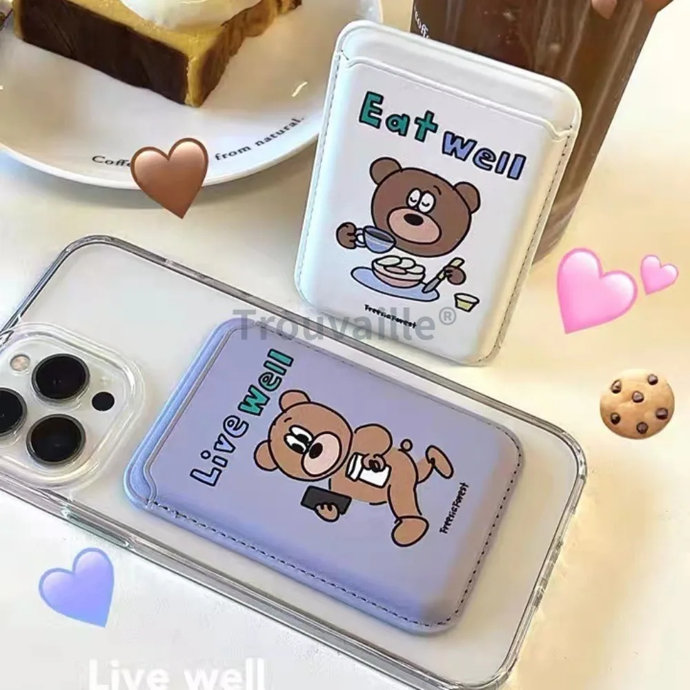 Trouvaille for Magsafe Card Holder Magnetic Phone Case Cute Korea Bear Macsafe Pink Girl for iPhone 15 14 13 12 11 Magnet Case