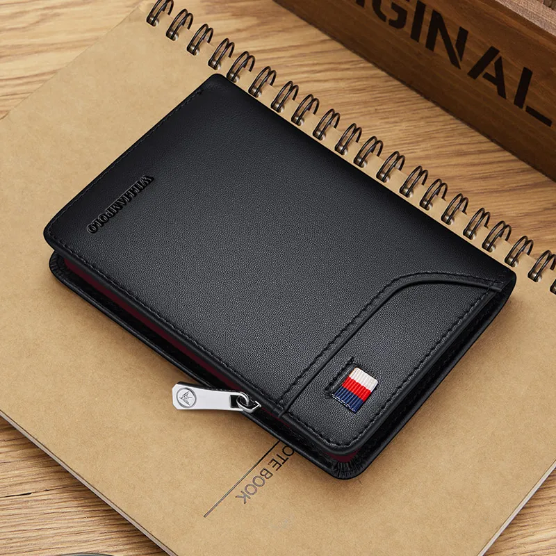 Genuine leather men's wallet, fashionable short style card holder, zippered coin purse