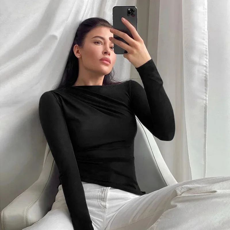 Long Sleeve Top White T-Shirts Women Basic Crop Top Autumn Pollover Solid Skew Neck T Shirt Streetwear Basic Black Y2K Tees image 6