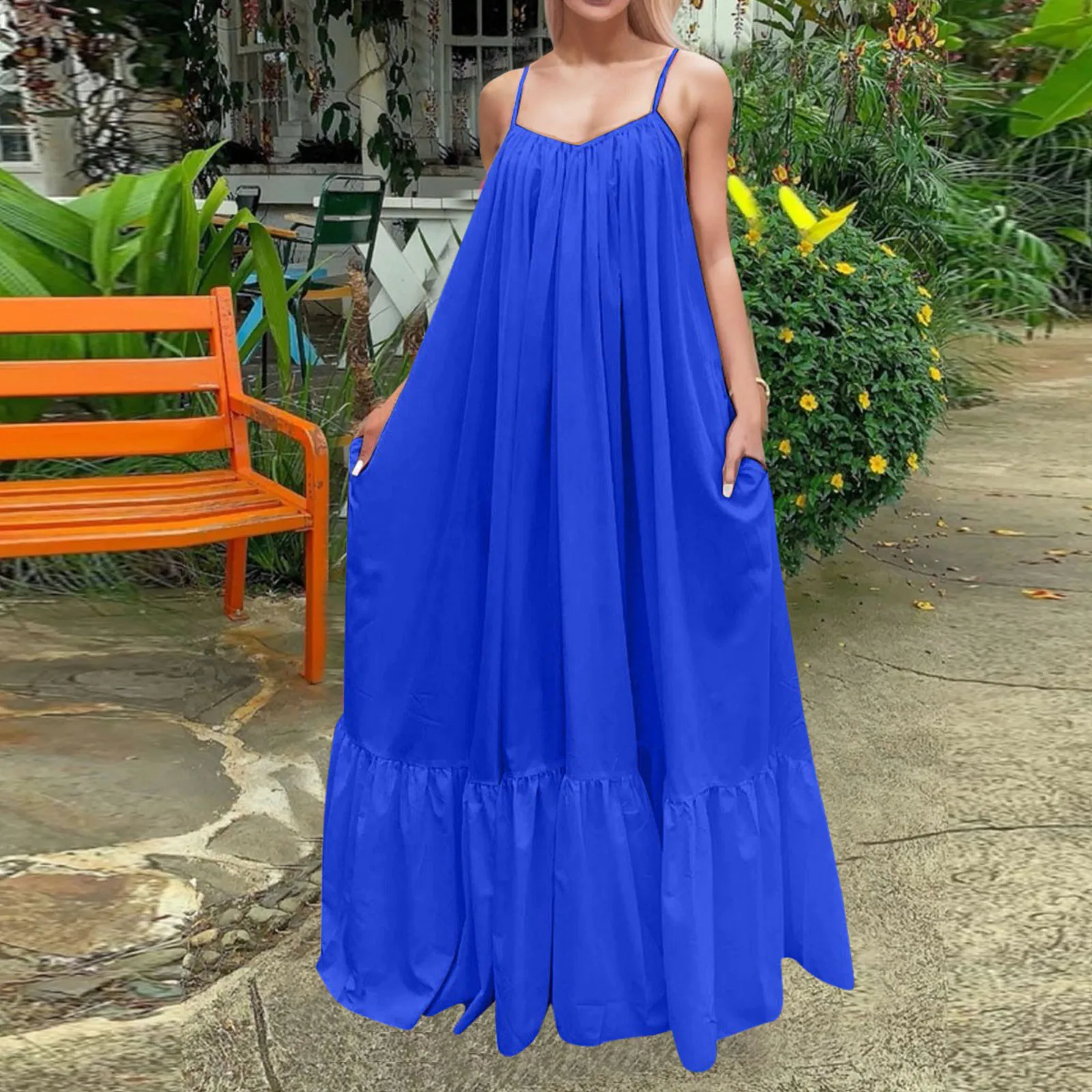 Plus Size Dresses For Curvy Women Spaghetti Strap Solid Color A-Line Ruffles Maxi Dress For Female Formal Holiday Dress 2024