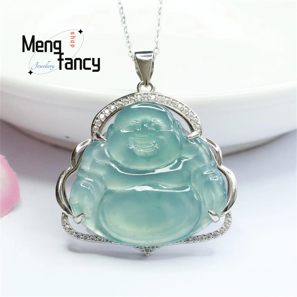 S925 Silver Lnlaid Natural Jadeite Exquisite Elegant Simple High-grade Pendant Buddha Myanmar Blue Water Luxury Quality Jewelry