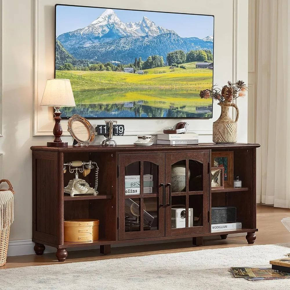 حامل تلفزيون المزرعة لتلفزيون 60 بوصة، مركز ترفيه خشبي مع أرفف قابلة للتعديل وخزانة تخزين بباب زجاجي، ملعب تلفزيون #1