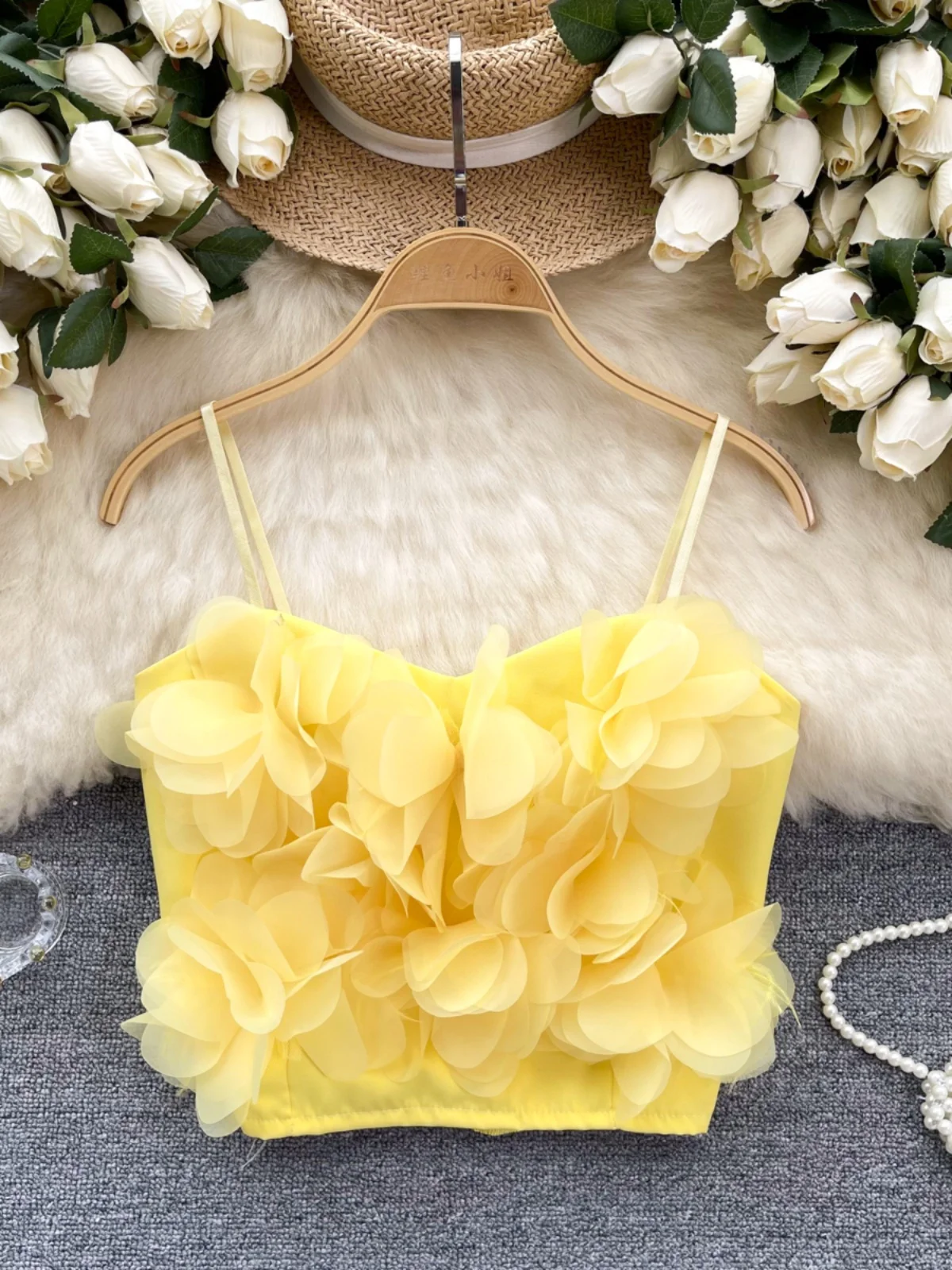 Summer Vacation Spicy Girl Strap Vest Women Pure Desire Atmosphere Sensation 3D Flower Slimming Versatile Sleeveless Top