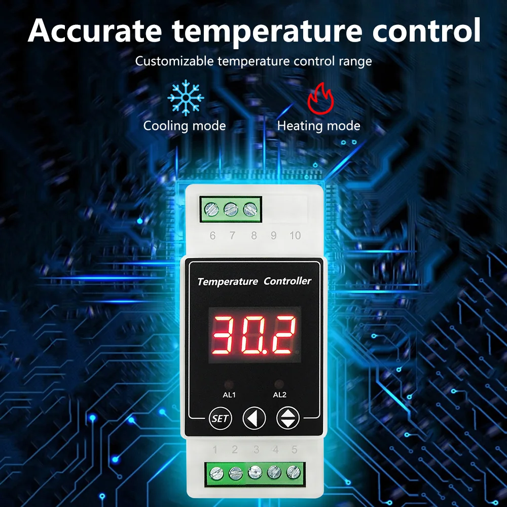 

AC100-240V DC 8-24V Digital LED Thermostat 2 Way Relay Output with Probe Rail Type Thermoregulator Temperature Controller