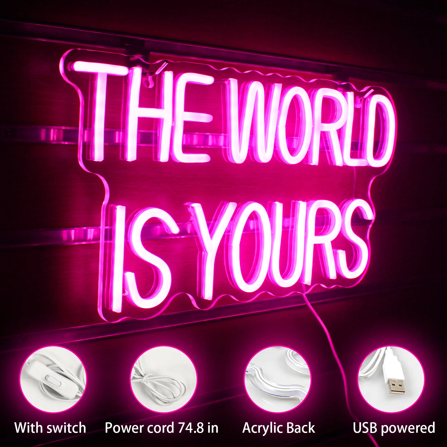 Imagem -02 - Usb Led Neon Sign Light o Mundo é Seu Rosa Decoração da Parede do Quarto Casamento Noivado Dia dos Namorados