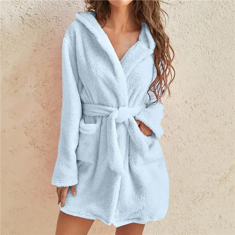 Batas tipo kimono de ducha lisas con capucha para mujer, albornoz de toalla de manga larga con faja para la cintura, ropa de dormir femenina de