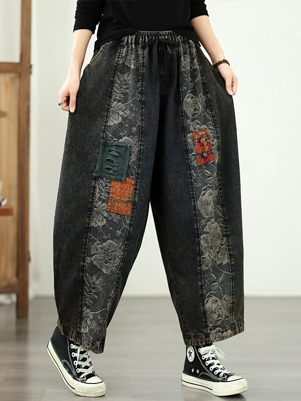 Retro Patchwork Large Size Harlan Jeans Casual Loose Fit Slimming Elastic Waist Denim Pants Versatile Old Dad Trousers