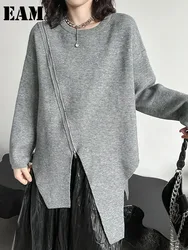 [EAM] Gray Zipper Big Size Knitting Sweater Round Neck Long Sleeve Women Pullovers New Fashion Tide Spring Autumn 2024 1DH7162