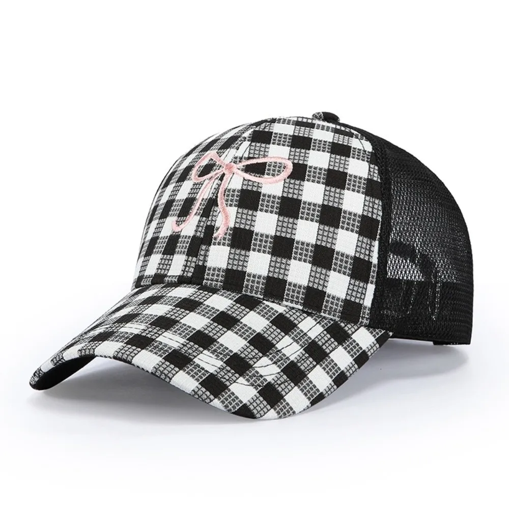 New Versatile Women's Duck Tongue Visors Bow Embroidery Checkered Baseball Caps Adjustable Curved Brim Sun Hats Casual