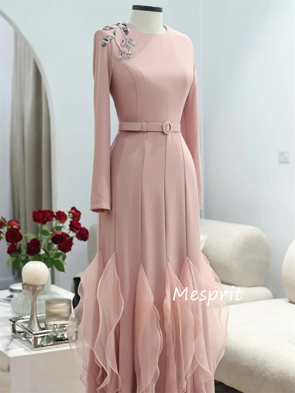 تخصيص معقدة جيرسي الطية وشاح مطرزة ألف خط س الرقبة فساتين طويلة مخصصة مناسبة مساء جودة عالية #4