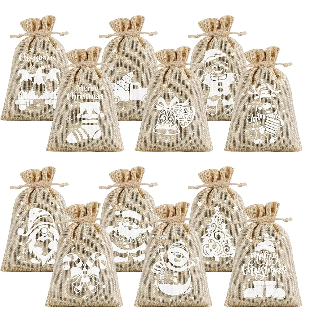 

10pcs Christmas Burlap Goody Gift Candy Bags 4x6 Inch Drawstring Treat Bags with Double Jute Drawstrings for Xmas Party Favors