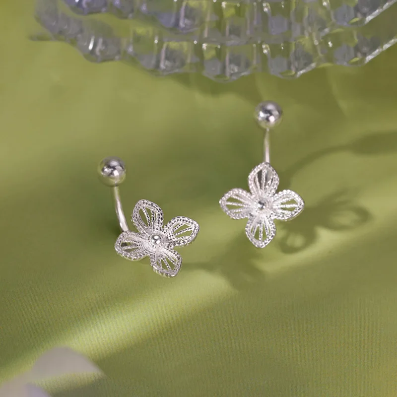 Real 925 Sterling Silver Lace Flower Bead Screw Stud Earrings For Women Party Classic Fine Jewelry Light Luxury Accessories