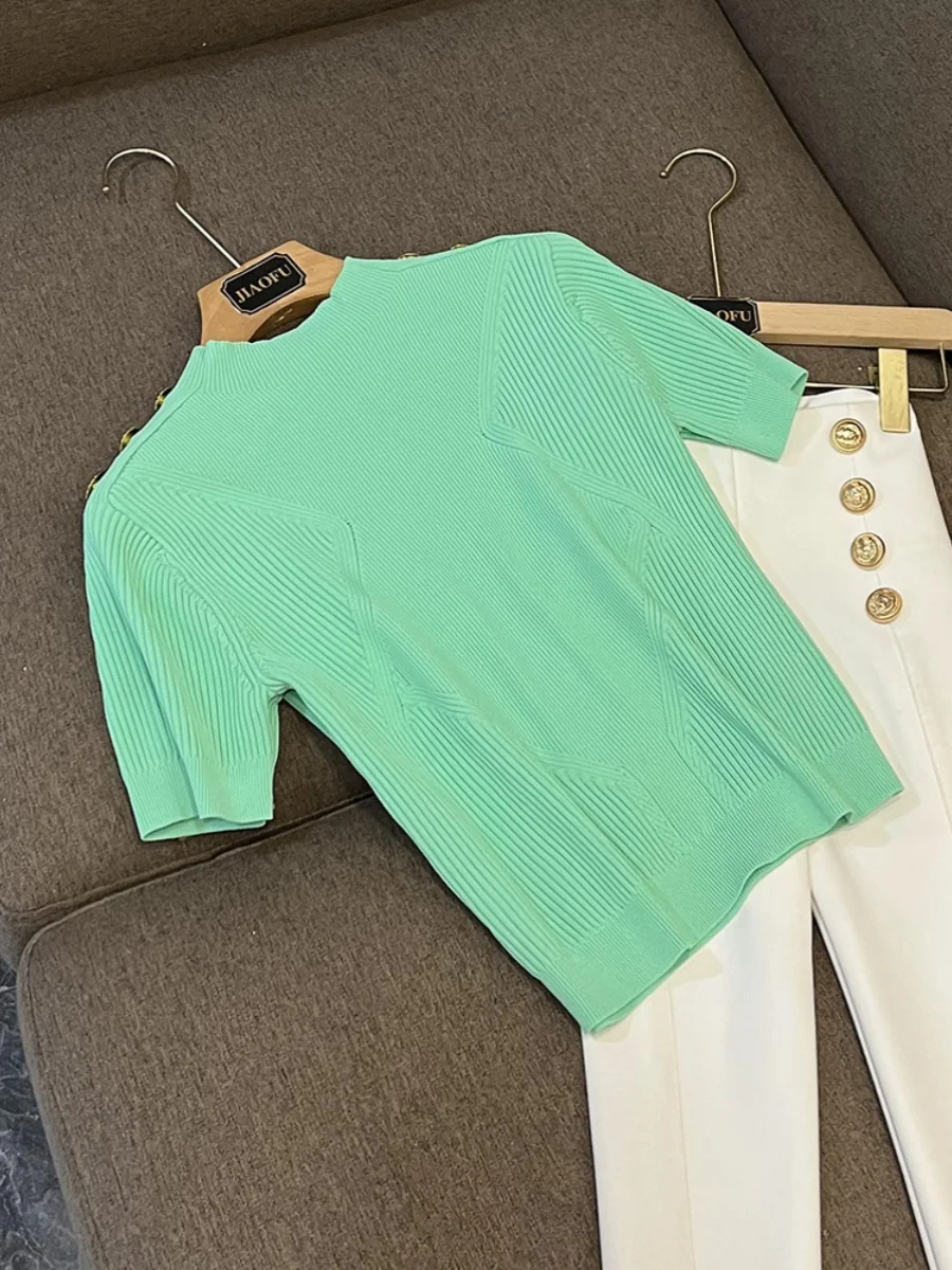 

Spring 2026 Women's Classic High-Quali oulder-Tied ort-Sve T-irt Knitwear Faionable Top round Ne Regular Length