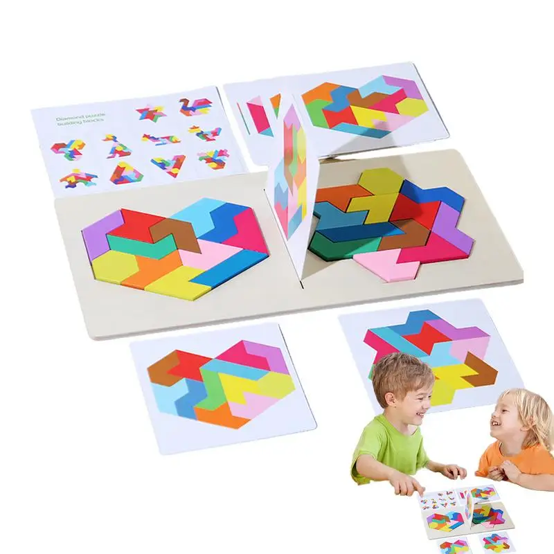 Wooden Puzzle Blocks For Kids Color Shape Pattern Jigsaw Wooden Tangrams Puzzles Block Two-Player Geometric Brain Teaser For