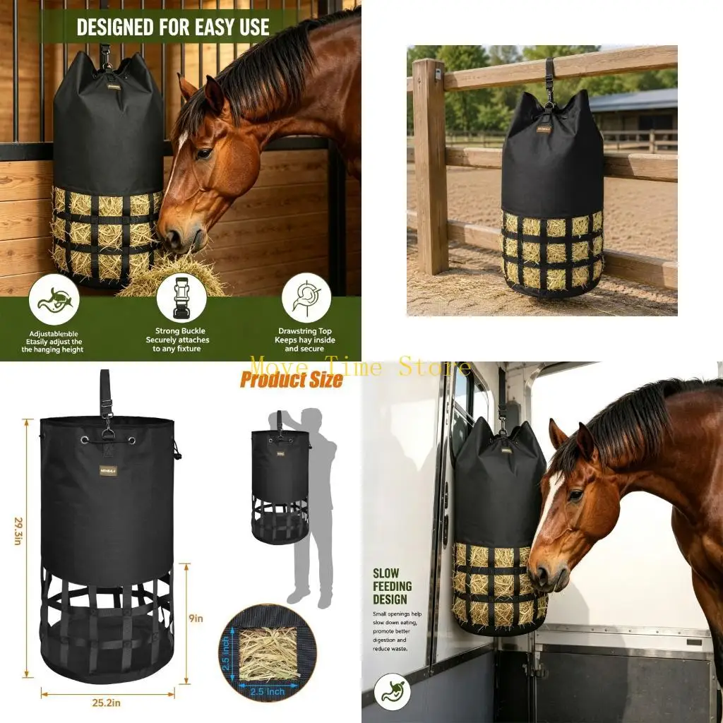 92ME Farm Animal Fodder Feeder Bag with Multiple Lower Access Openings, Cloth Upper Body and Adjustable Hanging Hardware for