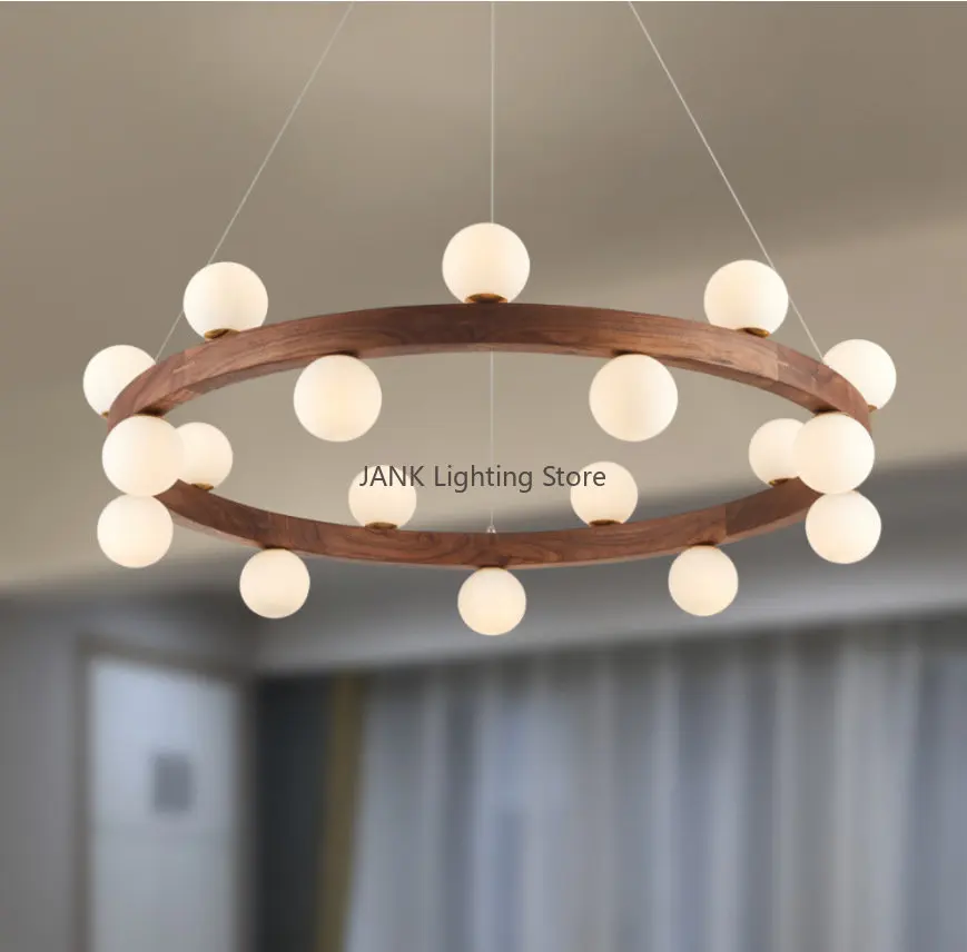 Lampadario a sospensione in noce con sfera di vetro bianco Soggiorno Sala da pranzo Molecola di fagioli magici in legno massello Illuminazione per