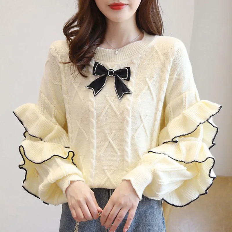 Fashion O-Neck Spliced Beading Bow Ruffles Sweaters Female Clothing 2023 Autumn New Casual Pullovers Loose Knitted Warm Tops