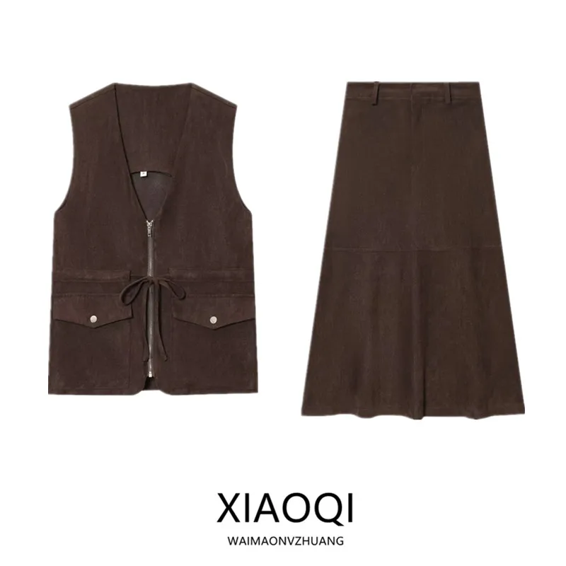 

Autumn 2025 New Women's Faux Suede Vest Skirt Set with Pockets High Waist Euro Style Fashionable Two-Piece Suit for Adults