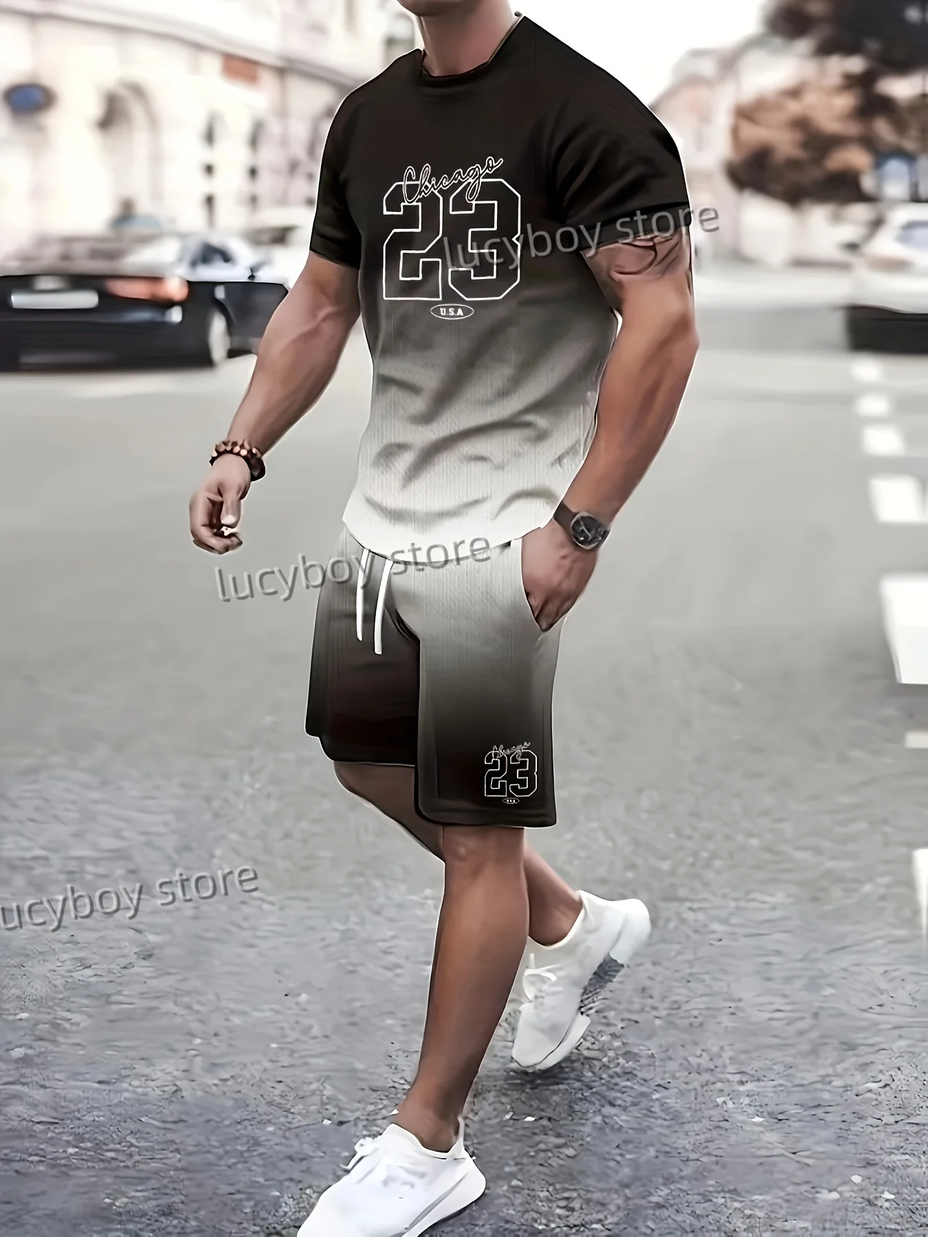 NO.23 Chicago Letter Printed Sport T-shirt+shorts Suit Set Men Male Casual Tracksuit Outfit Sport Oversized 2 Piece Set Clothes