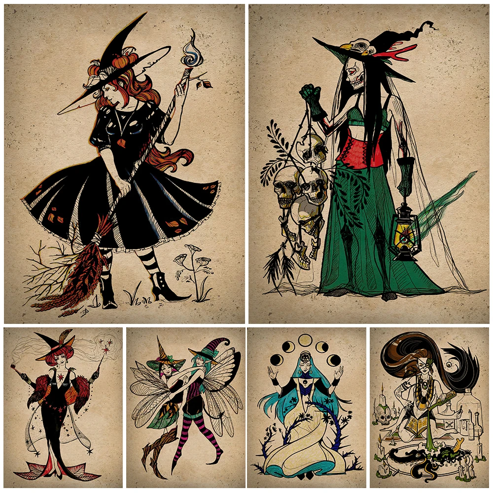 

Necromancer And Fairies Vintage Wall Art Canvas Painting Abstract Retro Lunar Witch Poster And Prints Home Decoration Unframed