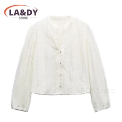 Blouse Tops Women 2024 Spring Summer Fashion Loose V-Neck Hollow Out Embroidery Female Solid Color Casual Long Sleeve Shirt